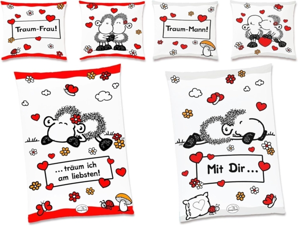 JACK Partnerbettwäsche JACK Renforcé Bettwäsche sheepworld Traum Mann & Frau 135x200cm 4 tlg, Renforcé, 4 teilig, Partner-Wendebettwäsche mit witzigem Schaf und Herzen, Reißverschluss