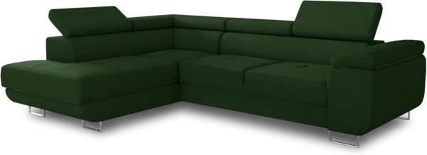 Ecksofa Caris mit Schlaffunktion und einstellbare Kopfstützen, Cord Stoff, Wohnlandschaft mit Bettkasten, Couch, Sofa, Bettsofa (Grün (Poso 014), Ecksofa Links)