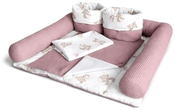 Wickelauflage Set 6-teilig – Wickelunterlage aus Baumwolle & Waffelstoff – Baby Wickelauflage – Geschenk zur Babyparty – Wickeltischauflage – 75x72 cm (Breite x Tiefe), Teddy und rosa