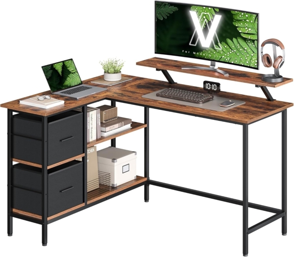 VASAGLE L-förmiger Schreibtisch, 2 geräumige Schubladen, Computertisch mit Monitorständer, Eckschreibtisch, Gaming-Tisch mit Verstellbarer Ablage 135x105 cm vintagebraun LWD098B01