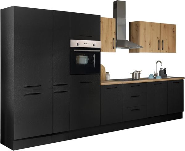 Stella Trading Turin ZB Küchenzeile 370 x 211 x 60 cm, schwarz - Ohne Küchengeräte - Moderne, geräumige Küche in Artisan-Eiche Optik mit viel Stauraum