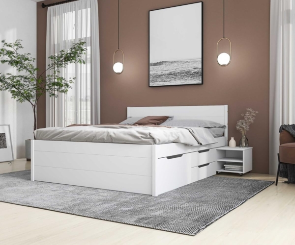 Inter Link - Bett mit Schubladen - Doppelbett 160x200 cm – Kojenbett mit Stauraum – Kiefer massivholz – 4 Schubladen und 2 Schubkasten – Inkl Lattenrost – Weiß lackiert – Efetivo 160x200 cm
