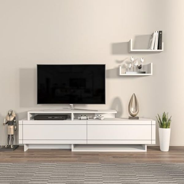 Modern White TV Stand, 180 cm, 54 cm Height, 36.8 cm Depth | 100% Melamine Coated Particle Board, 18 mm Thick | Stylish & Functional for Living Room