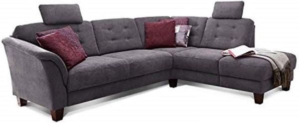 Cavadore Ecksofa Trond mit Federkern / Sofa L-Form im Landhausstil mit Ottomanen rechts und verstellbaren Kopfstützen / 260 x 89 x 214 / Webstoff grau