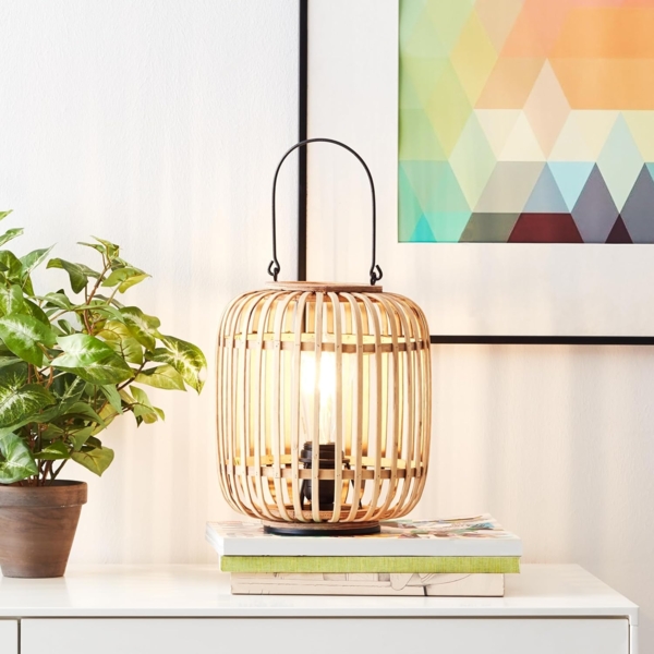 Lightbox dekorative Tischlampe - Tischleuchte im Nature-Style mit Tragegriff & Schalter - für E27 Leuchtmittel - Hellbraun Höh Bild 1