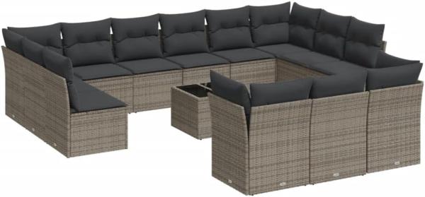 vidaXL 14-tlg. Garten-Sofagarnitur mit Kissen Grau Poly Rattan 3250299