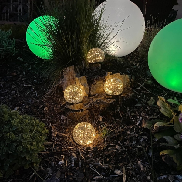 HI 4er Set LED Solar Crackle Glas Lampen Solarbeleuchtung mit Erdspieß 70395