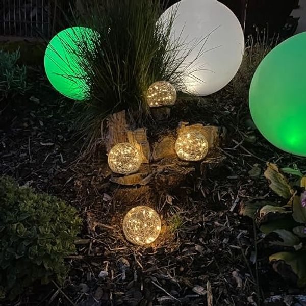 HI 4er Set LED Solar Crackle Glas Lampen Solarbeleuchtung mit Erdspieß 70395