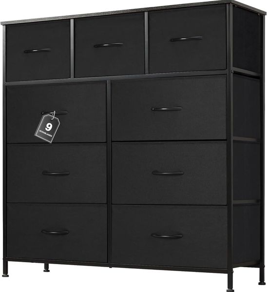 DUMOS Kommode mit Schubladen - Kommoden & Sideboards für Schlafzimmer Geeignet, Komodenschrank mit 9 Schubladen, Stoffkommode mit Stabilem Stahlrahmen, Ideal für Schlafzimmer, Wohnzimmer (Schwarz)