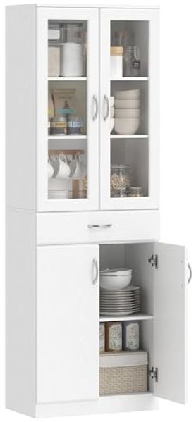 HOMCOM Küchenbuffet mit verstellbar Regal, Schublade, 2 Schrank, Soft-Close-Funktion (Vitrinenschrank, 1-St, Hochschrank) für Küche, Esszimmer, Wohnzimmer 60 x 35 x 180 cm Weiß