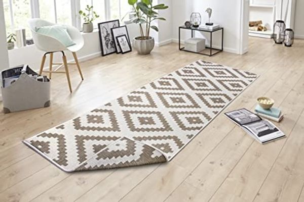 NORTHRUGS In- und Teppich Malta 80x350 cm - Wendeteppich Wetterfest Geometrisches Muster für Balkon Terrasse Garten Wintergarten Wohnzimmerteppich Wasserfest in Linen, 105460-80x350