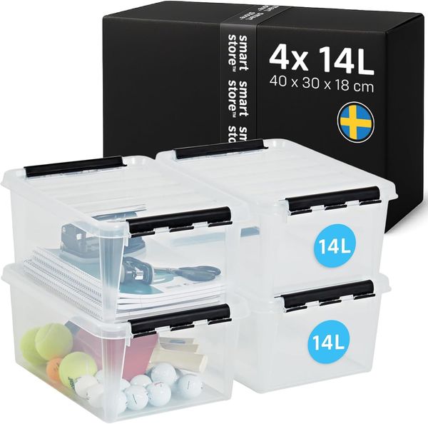 SmartStore - 4x Aufbewahrungsbox mit Deckel Classic 14L (40 x 30 x 18 cm) | Stapelbare Box mit Deckel | Lebensmittelechte Kunststoffbox | Plastikbox mit Deckel & verstärkten Ecken | 10 Jahre Garantie