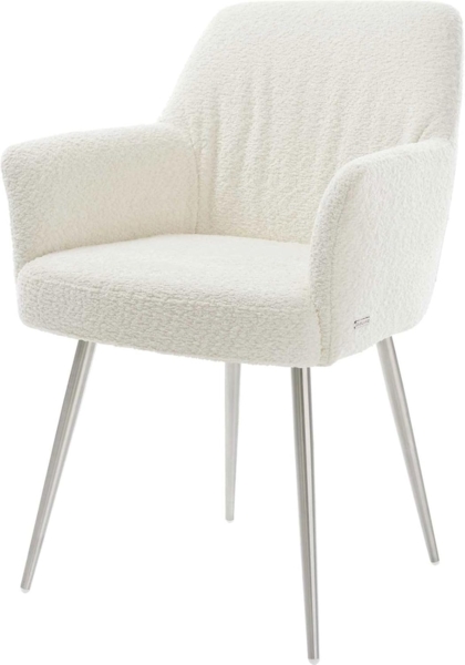 Esszimmerstuhl Xana-Flex mit Armlehnen Bouclé Weiß 4-Fuß konisch Edelstahl Taschenfederkern