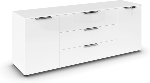 Rauch Möbel Flipp, Sideboard, TV-Schrank, Kommode mit Stauraum, Alpinweiß/Glasfront Weiß, 2-türig, Glastüren, 3 Schubkästen, Griffe Chrom, 160 x 61 x 42 cm Bild 1