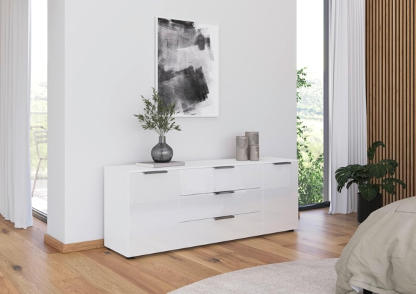 Rauch Möbel Flipp, Sideboard, TV-Schrank, Kommode mit Stauraum, Alpinweiß/Glasfront Weiß, 2-türig, Glastüren, 3 Schubkästen, Griffe Chrom, 160 x 61 x 42 cm Bild 2