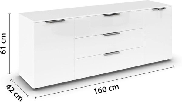 Rauch Möbel Flipp, Sideboard, TV-Schrank, Kommode mit Stauraum, Alpinweiß/Glasfront Weiß, 2-türig, Glastüren, 3 Schubkästen, Griffe Chrom, 160 x 61 x 42 cm Bild 4