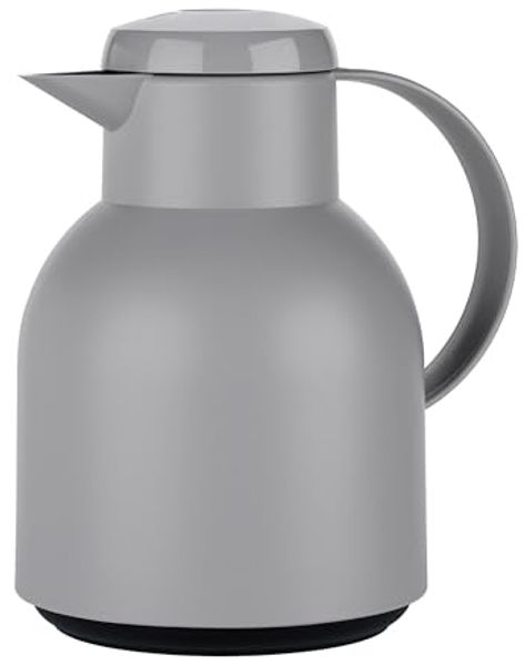 Emsa Samba Isolierkanne, 1 Liter Fassungsvermögen, Quick Press Verschluss, 100% dicht, 12h heiß und 24h kalt, mit Glaskolben, made in Germany, Steingrau, N4016000