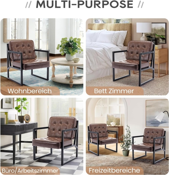 COLAMY Mid Century Modern ohrensessel 2er Set, Bequeme lounge sessel, Brauner Leder Accent Chair, Kunstleder Empfangssessel mit Metallbeinen für Wohnzimmer Schlafzimmer Empfangsraum Wartezimmer, Brown Bild 7