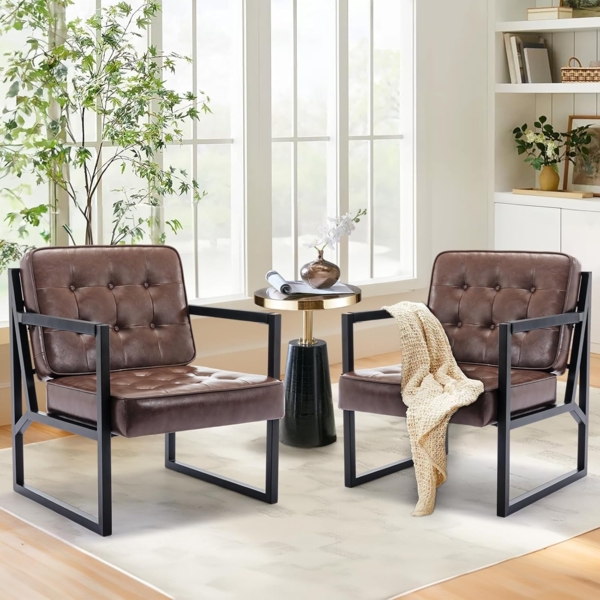 COLAMY Mid Century Modern ohrensessel 2er Set, Bequeme lounge sessel, Brauner Leder Accent Chair, Kunstleder Empfangssessel mit Metallbeinen für Wohnzimmer Schlafzimmer Empfangsraum Wartezimmer, Brown Bild 2