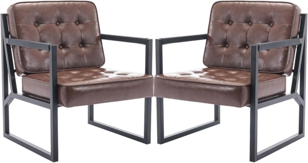 COLAMY Mid Century Modern ohrensessel 2er Set, Bequeme lounge sessel, Brauner Leder Accent Chair, Kunstleder Empfangssessel mit Metallbeinen für Wohnzimmer Schlafzimmer Empfangsraum Wartezimmer, Brown Bild 1