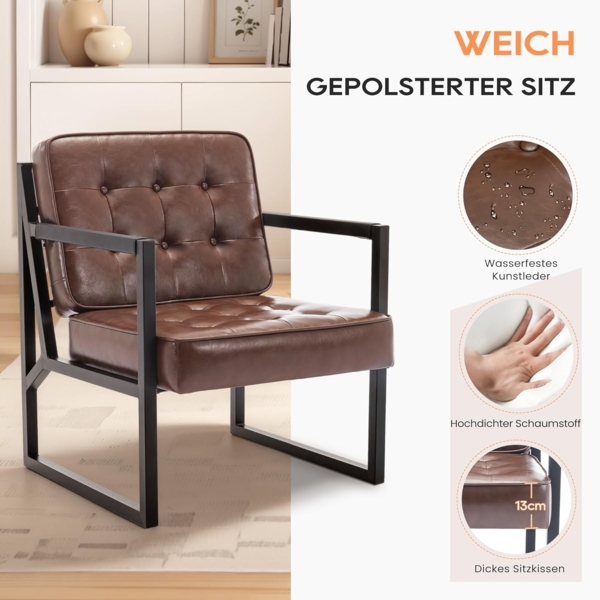COLAMY Mid Century Modern ohrensessel 2er Set, Bequeme lounge sessel, Brauner Leder Accent Chair, Kunstleder Empfangssessel mit Metallbeinen für Wohnzimmer Schlafzimmer Empfangsraum Wartezimmer, Brown Bild 5