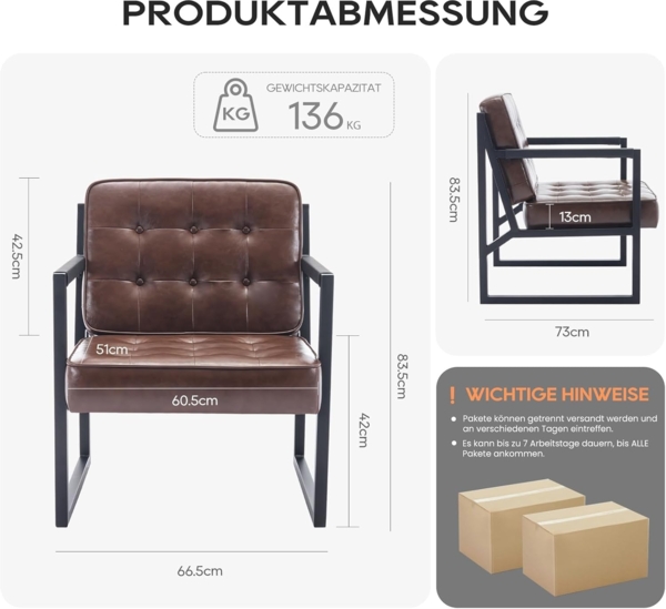 COLAMY Mid Century Modern ohrensessel 2er Set, Bequeme lounge sessel, Brauner Leder Accent Chair, Kunstleder Empfangssessel mit Metallbeinen für Wohnzimmer Schlafzimmer Empfangsraum Wartezimmer, Brown Bild 3