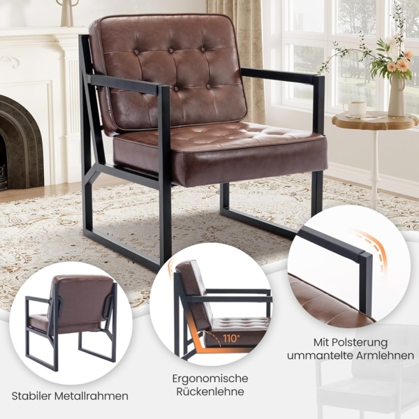 COLAMY Mid Century Modern ohrensessel 2er Set, Bequeme lounge sessel, Brauner Leder Accent Chair, Kunstleder Empfangssessel mit Metallbeinen für Wohnzimmer Schlafzimmer Empfangsraum Wartezimmer, Brown Bild 4
