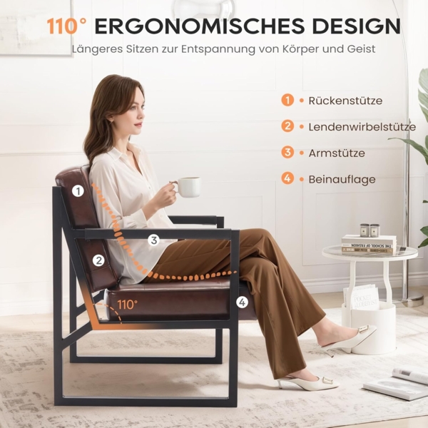 COLAMY Mid Century Modern ohrensessel 2er Set, Bequeme lounge sessel, Brauner Leder Accent Chair, Kunstleder Empfangssessel mit Metallbeinen für Wohnzimmer Schlafzimmer Empfangsraum Wartezimmer, Brown Bild 6