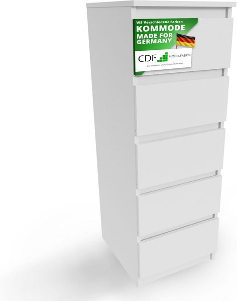 CDF Kommode Weiß Hoch Schubladenschrank mit 5 Schubladen Schmal Komode 40B x 45T x 111H Wohnzimmer Schlafzimmer Flur Schrank Sideboard Highboard viel Stauraum Sideboard Malm Kommode Modern