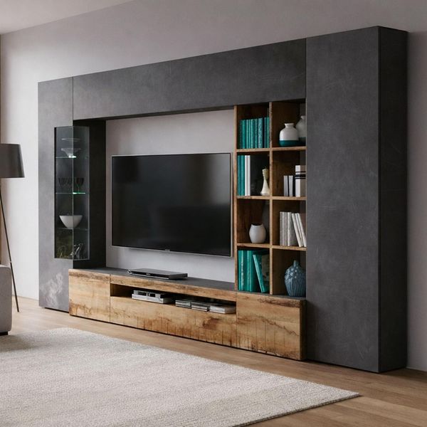 Dmora - Wohnzimmermöbel Ocean, TV-Ständer-Wohnzimmerset, Mehrzweck-Wohnzimmermöbel mit LED-Licht, 100 % Made in Italy, 290 x 40 x 192 cm, Schiefer und Ahorn,