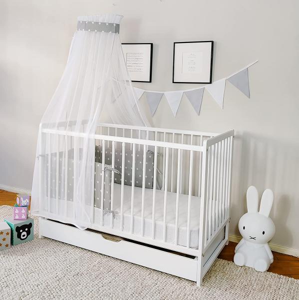 Babybett Komplett-Set 60x120 Gitterbett mit Schublade, Himmel & Nest | weiss sehr stabil Made in Europe