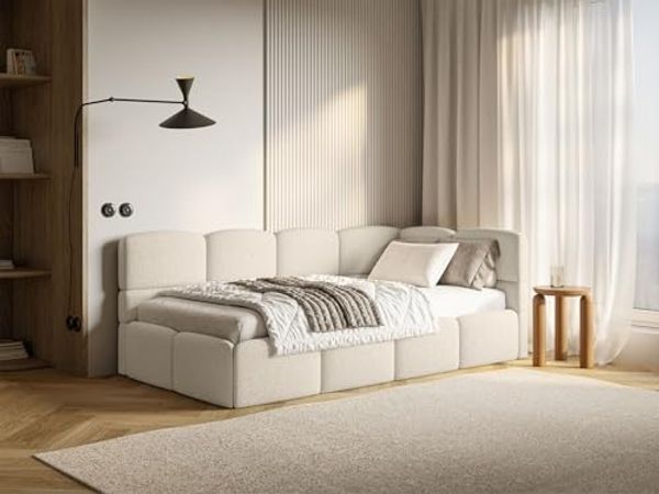 Selsey Jugendbett 90x200 cm Rechts Polsterbett mit Stauraum Gepolstetes Kopfteil Stabiler Rahmen aus Kiefer und Fichte Hochwertiger Bezug in Hellbeige Für Kinderzimmer