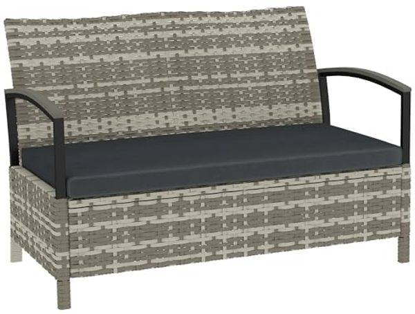 Outsunny Sitzbank mit Kissen Haltegriffen (2-Sitzer Aufbewahrungsbank, 2-St, Gartenbank mit Stauraum), für Flur Schlafzimmer Wohnzimmer Poly Rattan 123x70x82 cm Dunkelgrau
