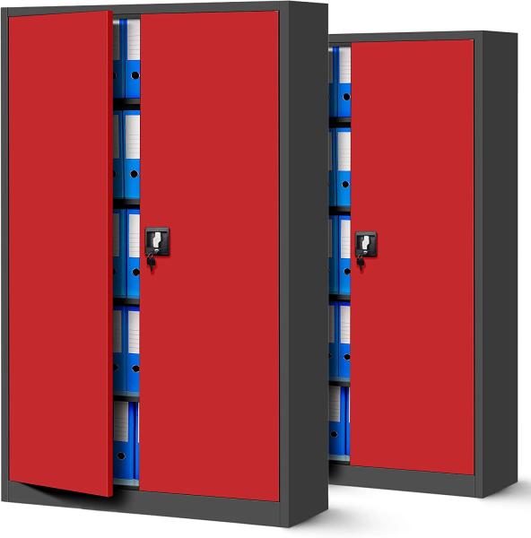 2er Set Aktenschrank XXL C001II Büroschrank Metallschrank Flügeltüren Stahlblech Pulverbeschichtung 185 x 115 x 40 cm (anthrazit/rot)