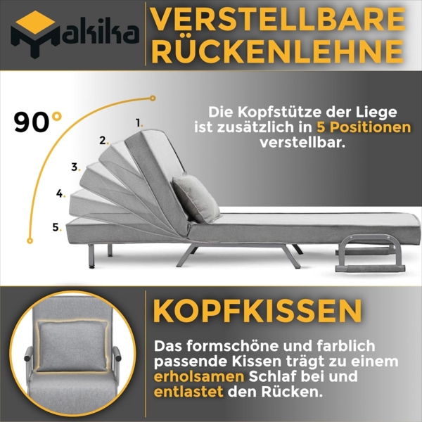Makika 'TED', Schlafsessel ,3in1 mit Armlehne, Bettfunktion, Verstellbare Rückenlehne, inkl. Kopfkissen, max. Belastbarkeit bis 200kg, Grau Bild 4