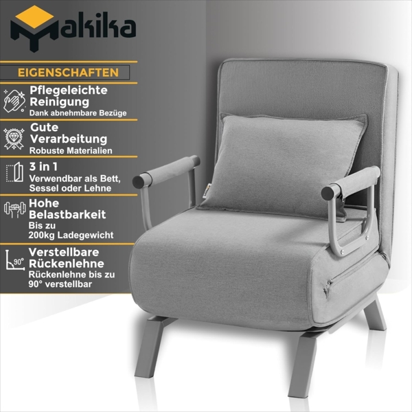 Makika 'TED', Schlafsessel ,3in1 mit Armlehne, Bettfunktion, Verstellbare Rückenlehne, inkl. Kopfkissen, max. Belastbarkeit bis 200kg, Grau Bild 7