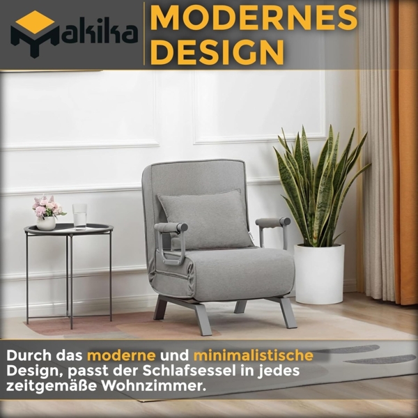 Makika 'TED', Schlafsessel ,3in1 mit Armlehne, Bettfunktion, Verstellbare Rückenlehne, inkl. Kopfkissen, max. Belastbarkeit bis 200kg, Grau Bild 5