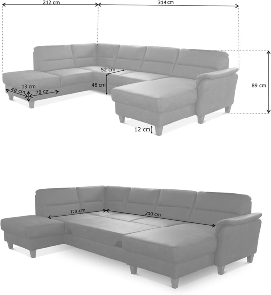 CAVADORE U-Form-Sofa Palera / Wohnlandschaft mit Schlaffunktion, Stauraum und Federkern / 314 x 89 x 212 / Mikrofaser in Lederoptik, Dunkelgrau Bild 3