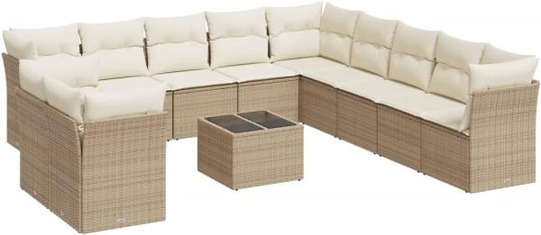 vidaXL 12-tlg. Garten-Sofagarnitur mit Kissen Beige Poly Rattan 3217888