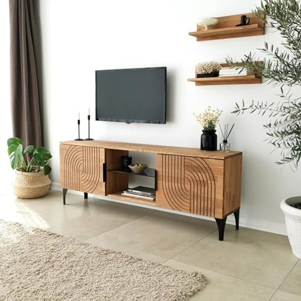 Hanah Home Rustic Oak TV Unit with Metal Frame, 100% Pine Solid Wood, Antibacterial & Rustproof Legs | 150 x 40 x 30 cm | Perfect for Traditional & Industrial Decor