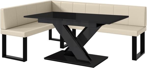 MEBLINI Eckbank für Esszimmer mit ausziehbarem Tisch - Küchenbank - Essecke - Sitzecke Küche - PETER - U-Beine 142 x 196 x 87 cm Links - Creme Kunstleder/B Schwarz Hochgl.