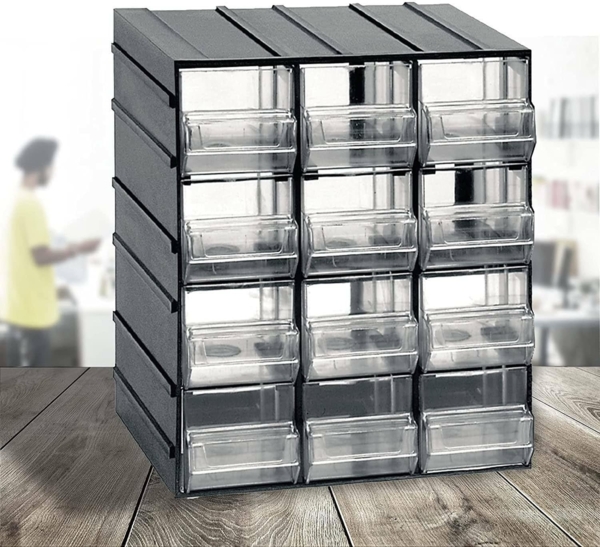 Dmora - Tienen 2 Türen Mehrzweckschrank, Kleinteileschrank, Schrank für Werkzeugbehälter, 100 % Made in Italy, 19x15h23 cm, Anthrazit, 12 Schubladen