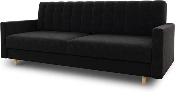 Schlafsofa Sara - Sofa mit Schlaffunktion und Bettkasten, Bettsofa mit Wellenfeder, Schlafcouch mit Holzfüße, Couch vom Hersteller, Couchgarnitur, Velours (Schwarz (Kronos 07))