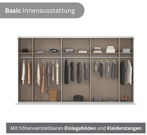 Rauch Möbel Kulmbach, Kleiderschrank mit Schwebetüren für Schlafzimmer, Kinderzimmer, Jugendzimmer, Garderobe, Flur, 3-türig, mit Spiegel, Zubehör Basic, Farbe Grau metallic, Schwarz, Breite 360 cm Bild 7