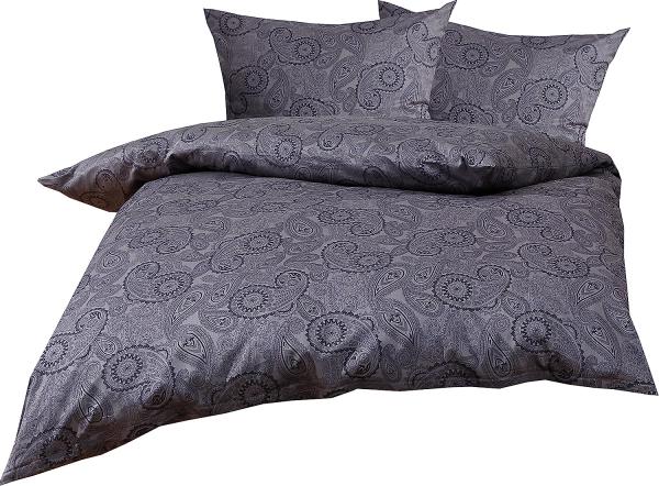 Bettwaesche-mit-Stil Mako-Satin Damast Paisley Bettwäsche "Davos" schwarz-grau Garnitur 200x220 + 2x 80x80