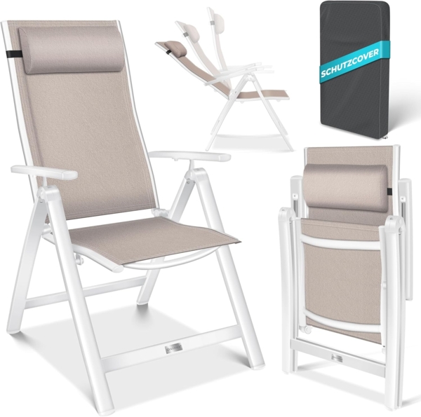 KESSER® Gartenstuhl, Hochlehner mit Armlehnen, Aluminium-Klappstuhl mit Kopfkissen & Cover, 7-fach verstellbare Rückenlehne, atmungsaktiv & wetterfest, klappbar & anti-rutsch, taupe
