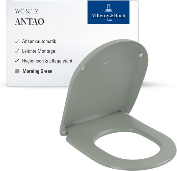 Villeroy & Boch Antao WC-Sitz, Toilettendeckel mit Absenkautomatik, abnehmbarer Toilettensitz aus bruchsicherem Duroplast, Klodeckel Original Ersatzteil, D-Form, Morning Green, matt