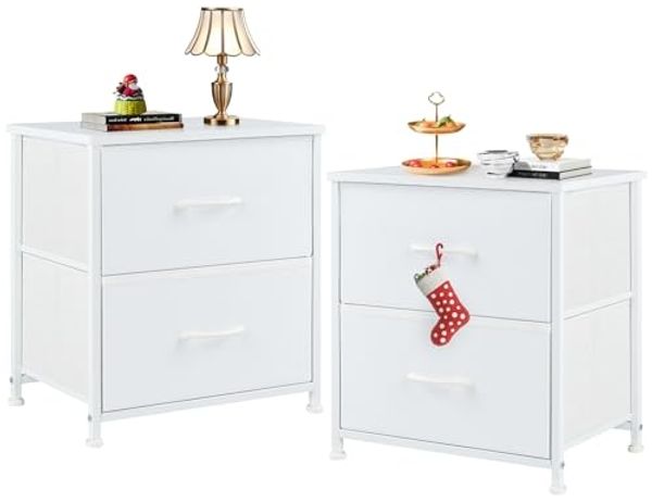 DUMOS Kommode für Schlafzimmer mit 2 Stoffschubladen, hohe Kommode Organizer für Kleidung, Schrank Kinderzimmer, Aufbewahrungsturm mit Schrank, Metallrahmen, Holzplatte, leichte Kinderzimmermöbel