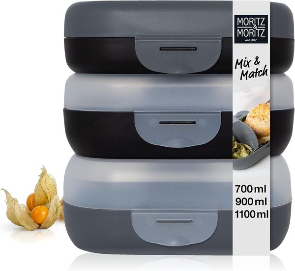 Moritz & Moritz Lunchbox Moritz & Moritz Mix Brotdosen dunkel, Kunststoff, (3er Set, 6-tlg), Mix & Match - mit Fächern