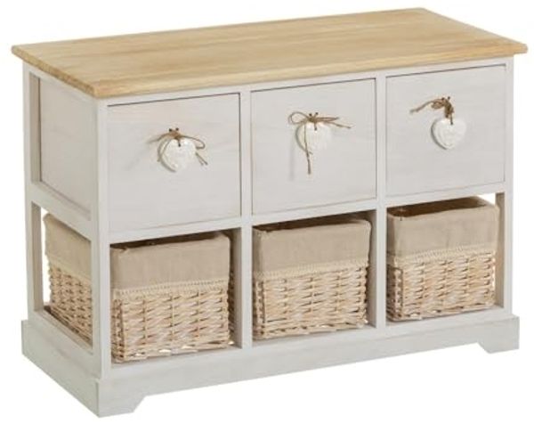 DRW Möbelstück mit 3 Schubladen und 3 Körben aus Holz und Korbgeflecht in Natur und Creme